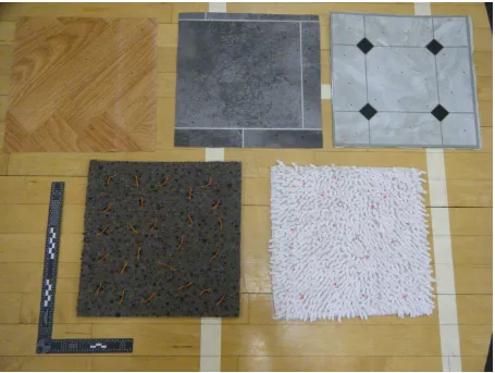 Figure 1. Floor surface sample tiles. (Left to right) top: smooth linoleum, rough linoleum and hard vinyl tile