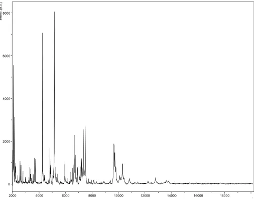 Figure 4. Reference mass spectrum from B. massiliogorillae strain G2T. Spectra from 12 individual colonies were compared and a reference spectrum was generated