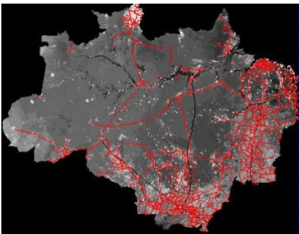 Figure 1 – Human settlements (white dots) and  roads (red)  in Amazonia  
