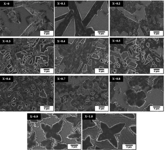 Fig. 3 Top view SEM images (4 mm scales, horizontal bars) of the diﬀerent CH 3 NH 3 Pb(I 1x Br x ) 3 (Cl) y perovskite deposited on a mesoscopic TiO 2 / glass substrate.