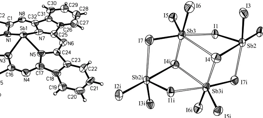 Figure 1Aview of the molecular structure of the [SbPc]+ unit of (I), with the atom-labelling