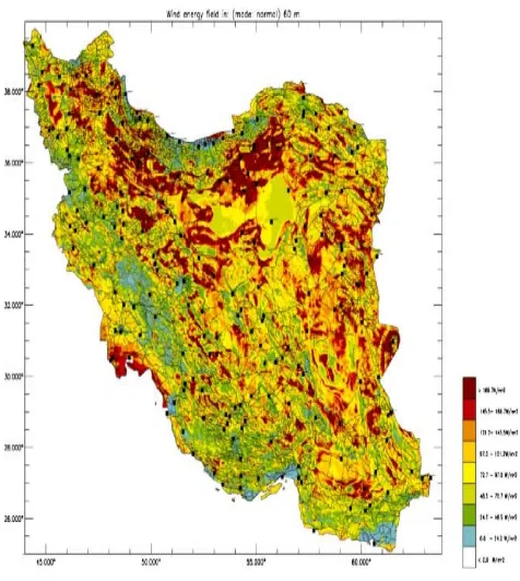 Figure. 12 the map of wind resources in Iran (Alamdari et al., 2012)