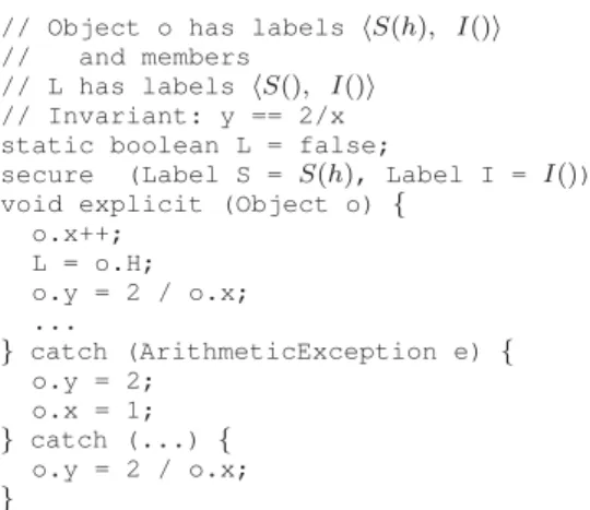 Fig. 4. Catch blocks handle illegal flows. Programmer may handle security exceptions separately from other runtime errors (e.g., divide by zero)