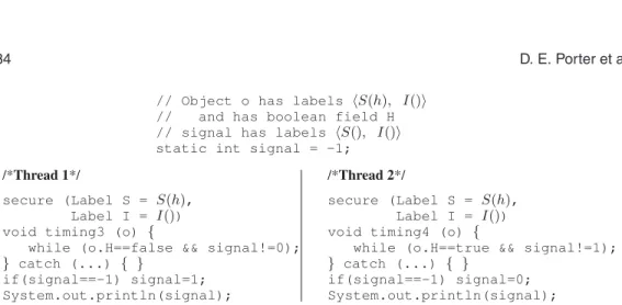 Fig. 10. Leaking information via synchronization and timing. Runtime values of labels and capability sets are inlined for clarity.