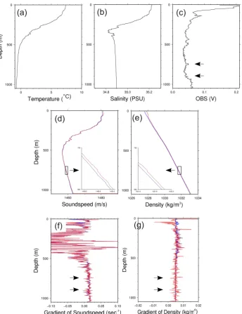 Fig. 2. (a) temperature,andshown in insert. (b) salinity and (c) optical back-scatter from the CTD cast (crossed red dot Fig