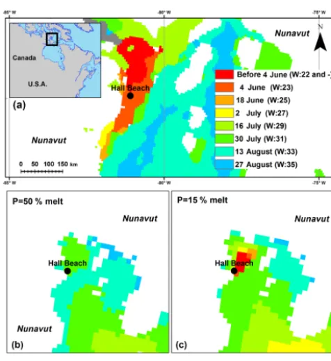 Figure 10. Comparison of probable melt weeks for the coastal com-two IcePAC melt week scenarios for 50 %ities