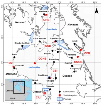 Figure 1. The Hudson Bay system with communities, model validation points and polynyas.