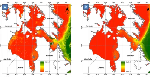 Figure 4. Comparison of IcePAC results for non-systematic (i.e. based on Mann–Kendall test result) trend removalremoval (a) and systematic trend (b), on the resulting map for the probability of observing a SIC < 50 % on week 1.