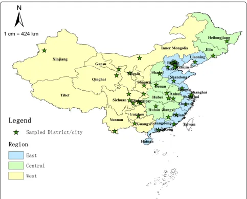 Fig. 1 Map of China showing the East, Central, and West regions and sampled districts/cities