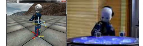 Figure 2. The iCub humanoid robot platform: The realistic simulator (left); The real platform (right)