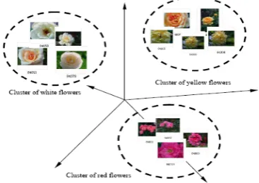 Figure (3) shows such an example. There are red, yellow, white flowers in the images database, and they form at least there clusters naturally in the visual space