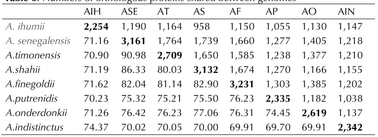 Table 6. Numbers of orthologous proteins shared between genomes 