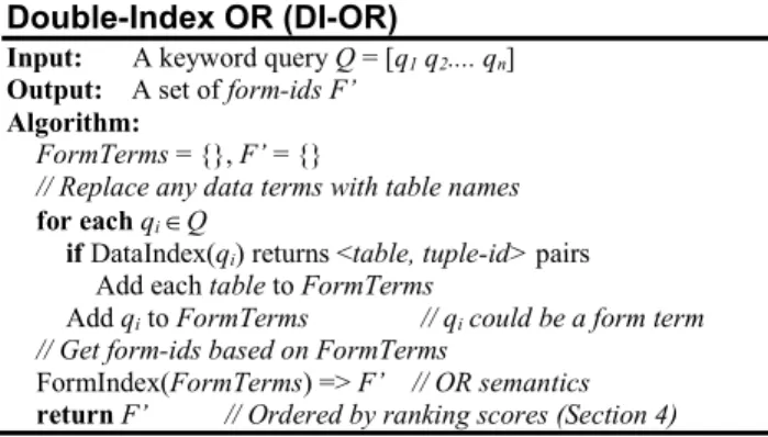 Figure  5  shows  our  first  approach,  called  Double-Index  OR  (DI-OR).  DI-OR comprises two basic steps