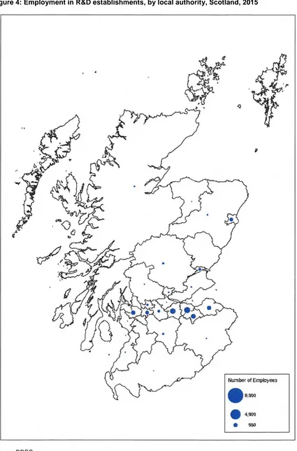Figure 4: Employment in R&D establishments, by local authority, Scotland, 2015