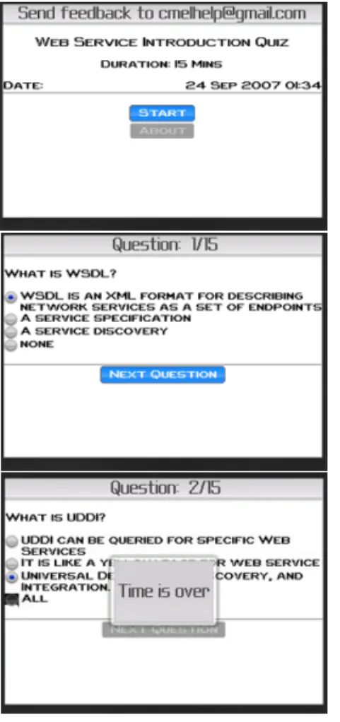 Figure 5 shows some screen shots of an off-line quiz in the  Blackberry 8800 device simulator