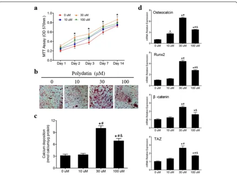Fig. 2 Polydatin promoted the proliferation and osteogenesis of hBMSCs. a PD with various concentrations notably stimulated hBMSCs toproliferate at 1, 2, 3, 7, and 14 days, particularly the 30 μM, according to the MTT assay results (n = 6)