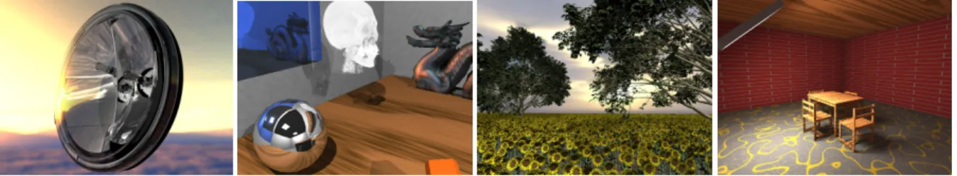Figure 1: Several application demonstrating the benefits of realtime ray tracing: a.) Physical correctness: accurate simulation of reflection and refraction in a car headlight