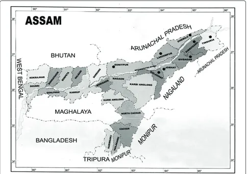 Figure 1 Map of Assam. The black spots showing analyzed localities - Sonitpur, Lakhimpur, Dhemaji, Dibrugarh, Tinsukia, Sibsagar,Jorhat, Golaghat.