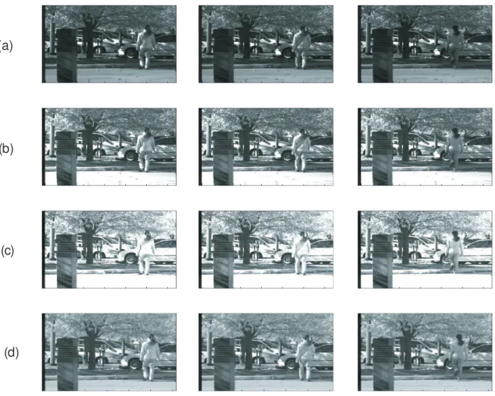 Figure 2. Experimental results on high dynamic range video. Rows (a)-(c): The three video sequences obtained by split aperture camera; The brightness of the three videos are in ratios 1:2:4; Row (d):