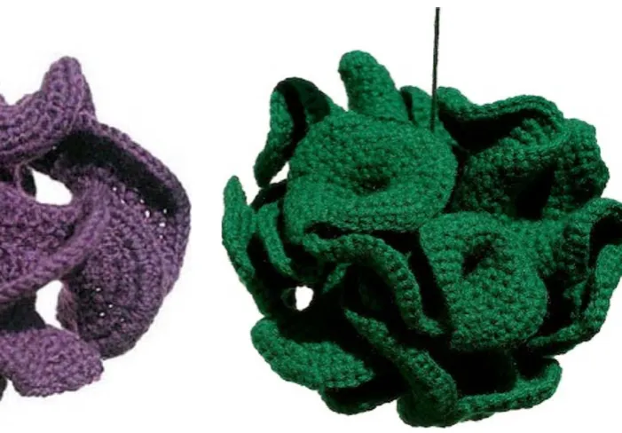 Fig. 10 Crocheted renderings of hyperbolic space models formedwith differing stitch increases (compare Figs
