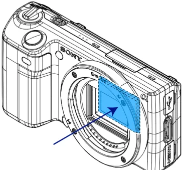 Figure 5.9: Sketch of the Sony Nex-5 without lens. Despite the  low flange focal distance, the image sensor (blue) is still  ob-structed by the camera housing