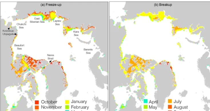 Figure 1. (a) October–March (freeze-up) andfrom sea ice charts based on optical instruments and SAR