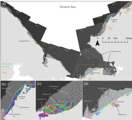 Figure 5. (a) Sentinel-1 interferograms derived from image pairs acquired over the Chukchi Sea between March and May 2017