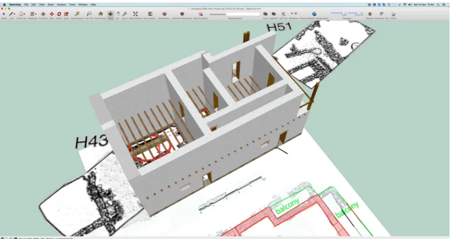 Figure 8: Walls, wooden features to support first floor, doors and balcony are created