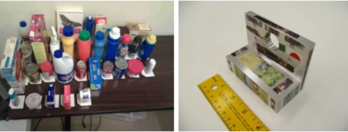 Fig. 5. A snapshot of all 35 objects from Willow Garage data-set on the left and a textured manufacturing part from NIST collection on the right [21]