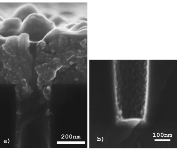 Figure 10: Titanium coating on a 5:1 AR via deposited by 4000 W ICIS at a pressure of 6 Paa) Cross-section of the top of a via coated