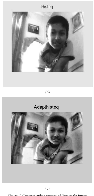 Figure  7.Contrast enhancement of Grayscale Image   (a) using  imadjusttechniques (b) using  Histeq techniques(c) using 