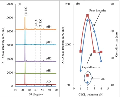 Figure 4: (a) Typical XRD patterns of glass/FTO/n-CdS/n-CdTe layers treated at different CdCl2 pH value (b) typical plot of CdTe (111) cubic peak intensity and crystallite size against CdCl2  post -growth treatment pH value