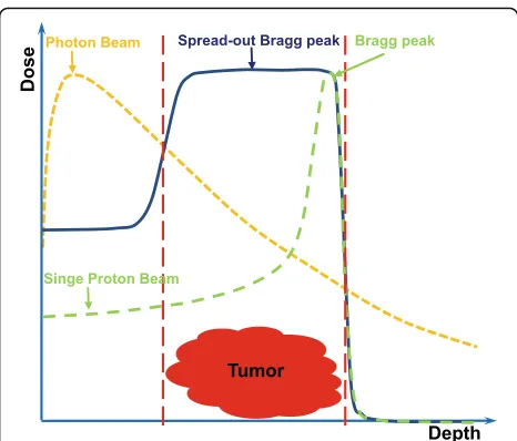 Fig. 1 The diagram of dose distributions for photon (dashedyellow line), single proton beam (dashed green line) as a function ofpenetration depth in tumor (normalized to the maximum dose), andspread-out proton beam (solid blue line)