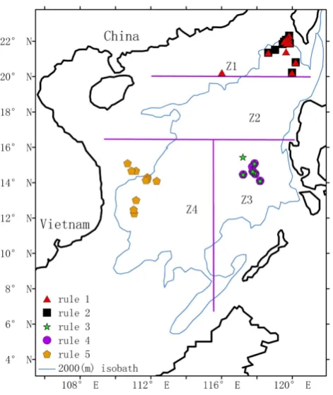 Fig. 6. Spatial distribution of typical mesoscale-eddy states in theSCS extracted from Table 5