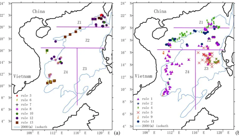 Fig. 7. Spatial distributions of typical states of two types of mesoscale eddy in (a) winter, (b) summer and (c) fall in the SCS extracted fromTable 6