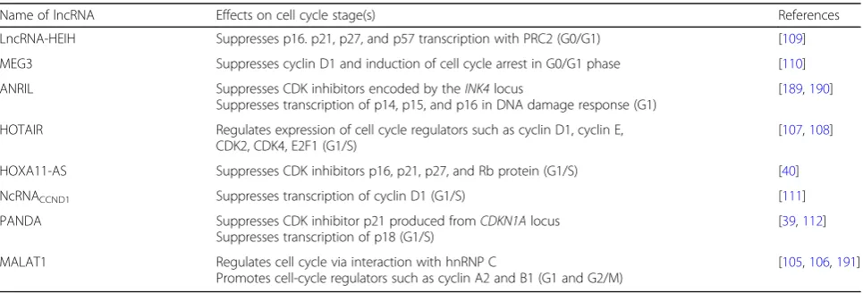Table 3 LncRNAs involved in cell cycle regulation