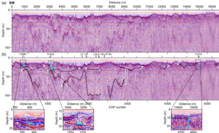 Figure 7. Offshore datasets for the six-channel river line (©SGU). (a) Seismic processed section