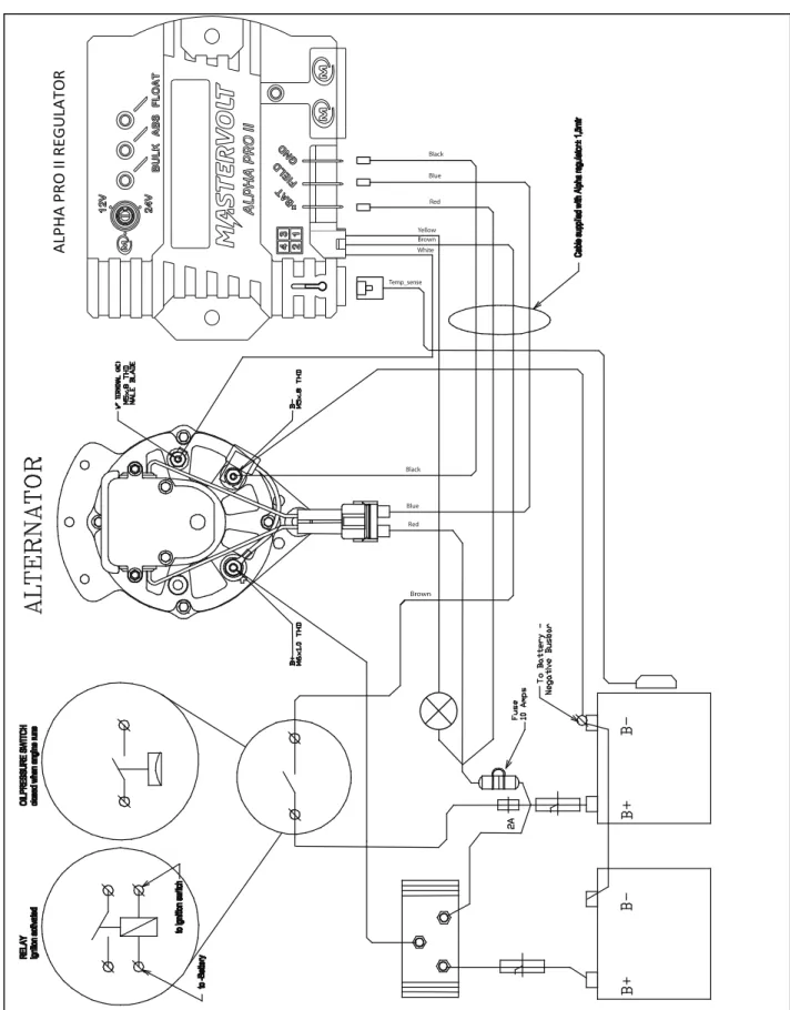 Figure A-11: This drawing shows the installation of the Alpha alternator 12/90 in combination with a battery  isolator to charge two battery banks simultaneously 
