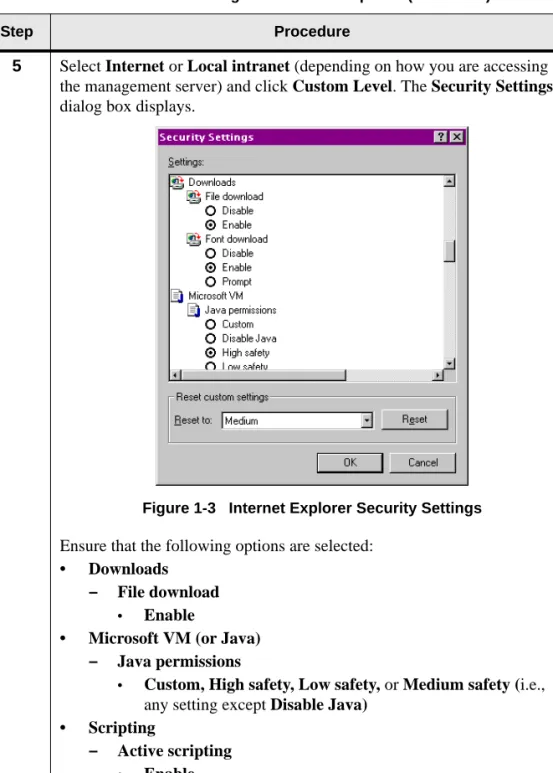 Figure 1-3   Internet Explorer Security Settings  Ensure that the following options are selected: