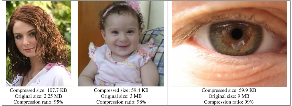 Figure 8 (a) gives an indication of compression ratios achieved with our approach while in (b) is shown details with comparative analysis with JPEG2000 and JPEG