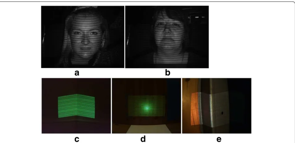 Fig. 5 Structured light images used to generate 3D surfaces.( Top row greyscale images (a) FACE1 and (b) FACE2, and colour images (c) CORNER,d) WALL, (e) METAL, respectively