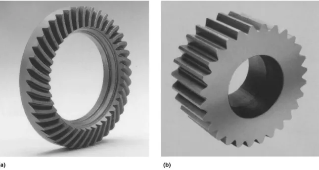 Fig. 12 Examples of near-net shape forged gears. (a) Spiral bevel gear with a 0.5 mm (0.02 in.) stock allowance developed for use on gears with a DP less than 7