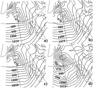 Fig. 8. IOP12. Mean sea level pressureﬁeld (contour interval 5 hPa). 36-hourforecasts from different initial condi-tions: (a) 3D-Var analysis, (b) modiﬁed3D-Var analysis, (c) background