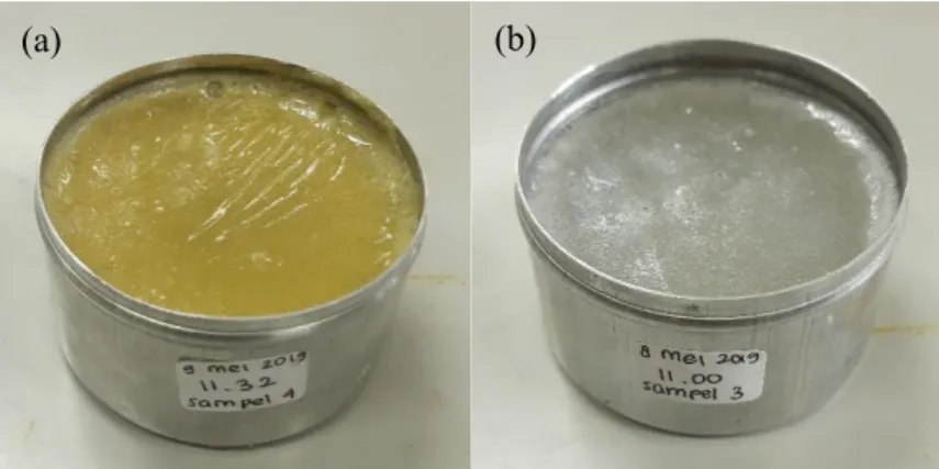 Figure 3. Prepared solid soaps that were placed inside test cups. Figure  (a) showed prepared soap with addition of extract and (b) was prepared  soap without addition of extract (blank)