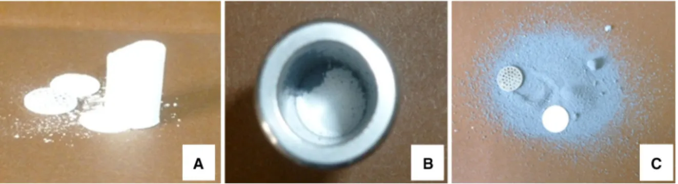 Fig. 4 A Compacted bed of blast furnace slag. Compacted bed of silica fume, B in the container after removing the plunger and C out of the container