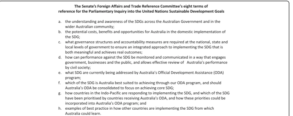 Fig. 1 The Senate’s Foreign Affairs and Trade Reference Committee eight terms of reference for the Parliamentary Inquiry into the United NationsSustainable Development Goals