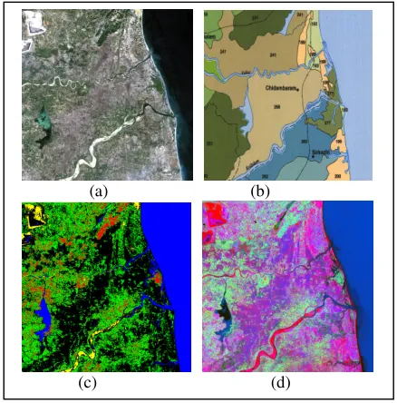 Figure 3.  Original image (false colour composite), (b) geological soil map, (c) band ratio image, (d) PCA image 