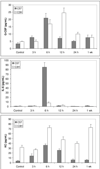 Figure 2BAL cytokine levels in C57BL/6 and C3H miceBAL cytokine levels in C57BL/6 and C3H mice