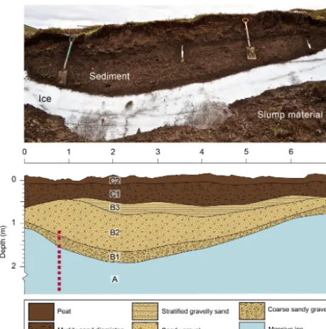 Figure 2. A photograph and a schematic cross section showing gen-eralized stratigraphy of the massive ice exposure and the overlyingsediments