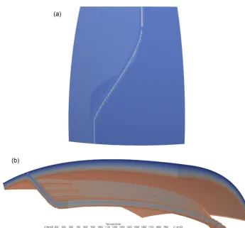Figure 3. The temperature ﬁeld of the 3-D two-rift system example. Material with a temperature below 950 K has been omitted in order tobetter show the rifts